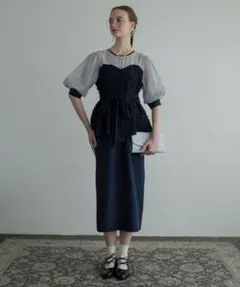 BONLECILL noirフリンジジャガードペプラムデザインドッキングドレス