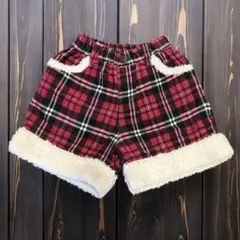 赤黒チェック柄フリース裾ハーフパンツ