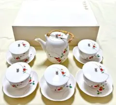 有田焼　香蘭社　菊小紋　ティーポット＆蓋付き湯呑5客＆梅型茶托5枚　茶器セット