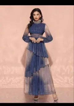 ネイビーブルー シースルー レイヤードドレス