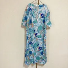 レディース ヴィンテージ ワンピース 水彩 ボタニカル ブルー系 3XL相当