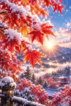 雪化粧した紅葉　イラスト　風景画　AIイラスト　デジタルアート　秋　C312