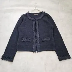 リフレクト ツイード ジャケット ノーカラー フリンジ M ネイビー　1546Hのサムネイル