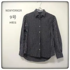美品 NEWYORKER チェック柄 長袖シャツ ネイビー 9号 シンプルのサムネイル