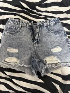 デニムショートパンツ ダメージ加工 ハイウエスト
