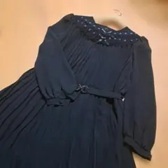 襟元レースリボン♡ドットシフォン地プリーツロングワンピース♡ブラックフォーマル