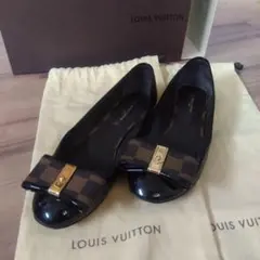 LOUIS VUITTON フラットシューズ ダミエリボン エナメル　23.5