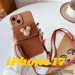 送料無料 iPhone 17 ミッキーマウスショルダーストラップケース　キャメル