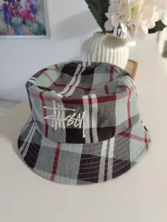 STUSSY バケットハット チェック柄 刺繍ロゴ S/Mサイズのサムネイル