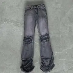 00s ギミックフレアデニム Y2K 立体加工 鬼髭 お兄系 黒 フレアデニム