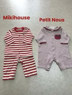 Mikihouse 赤と白のストライプロンパース2点セット