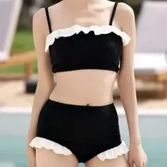 レディース水着 ふくれジャガードフリルバンドゥハイウエストビキニ 上下2点セットのサムネイル