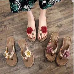 即納 ビジューきらきらサンダル/ローヒールサンダル/ストーンM