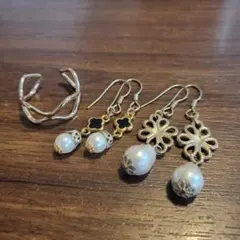 【まとめ買い対象】パールモチーフのピアス2ペアセットとリング