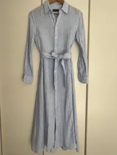 ポロラルフローレンシャツワンピース ロングフレア リボン リネン 4（L相当）