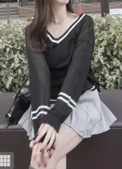 配色ラインVネックメッシュニットトップス　an1739 GRL