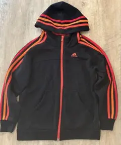adidas 袖ラインジップパーカー 140裏起毛 黒赤オレンジサッカー