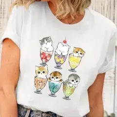 モフサンド　猫イラスト ホワイト Tシャツ Lサイズ