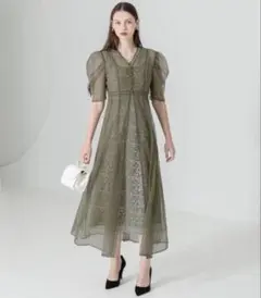 【LEJA】花柄総レースパフスリーブウエストリボンキャミワンピース