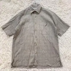 n8774 良品✨チェック柄半袖シャツ L 楊柳 涼しげ 薄いカーキ ポケット