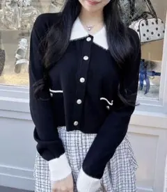 INGNI フェザー襟配色ニットカーディガン　ピンク　ブラック