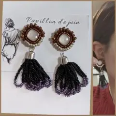 ラスト ケミカルレース ボタン カボション ピアス イヤリング グレー