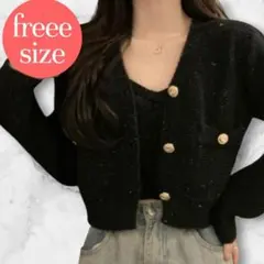 ラスト1点　韓国　ニット　セーター　アンサンブル　セットアップ　黒　ショート丈