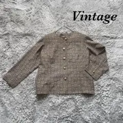Vintage ヴィンテージ ノーカラージャケット 肩パッド付 総柄 シングル