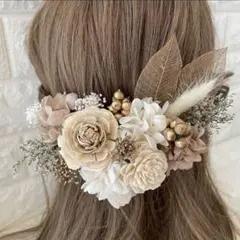 ナチュラルベージュ髪飾り　水引、ベロアリボン、金箔付き