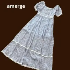 amerge ロングワンピース Aライン 花柄 半袖 パフスリーブ F 水色
