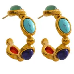 ピアス、天然ターコイズ、ラピスラズリ、珊瑚、シルバー金メッキつりばり形金具 ピアス、天然ターコイズ、ラピスラズリ、珊瑚、シルバー金メッキつり