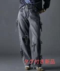 綿100％リボンディティールデニムパンツ　ブラック系　5X Lサイズ相当