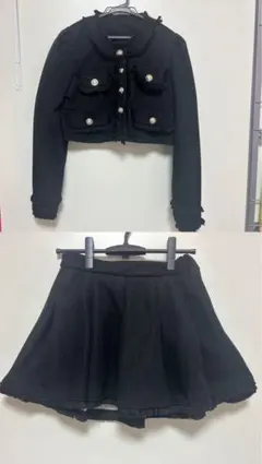 黒いフリル付きクロップドジャケットとスカートセット