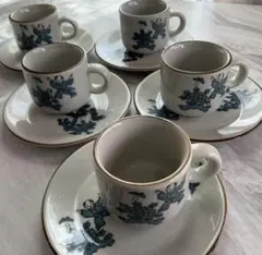 和風カップ&ソーサー 青い花と子供の絵柄カップ5個セット