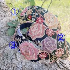 ハンドメイド カチューシャ 太幅 インド刺繍 リボン ローズ 薔薇 バラ