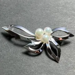 MIKIMOTO ミキモト パールブローチ NHK刻印 リーフ シルバー 真珠のサムネイル