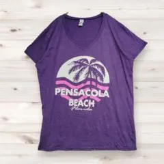 デルタ リゾート Ｔシャツ Ｖネック半袖 ゆったり 紫 綿ポリ ヤシの木のサムネイル
