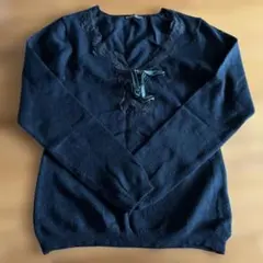 レーストリム黒長袖ニットセーター