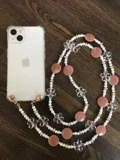 No.216 スマホショルダー パールビーズストラップ 花 クリア　ゴールド