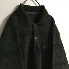日本製 90s古着 ダークトーン 太ボーダー 襟付きニット 裏起毛 レトロボタン