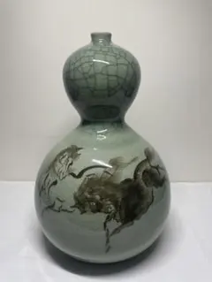 福島県伝統工芸品大堀相馬焼花瓶飾り壺17cm青ひび貫入金彩走り駒馬の