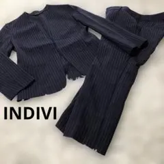 美品　洗える　インディヴィ　ノーカラー　パンツスーツ　ネイビー　M