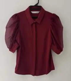 シアーパフスリーブ　半袖ブラウス　パール　レッド系　美品のサムネイル