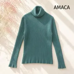 【アマカ】カシミヤ混 リブタートルネックニット グリーン 羊毛 ハイネック 長袖のサムネイル