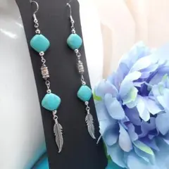 天然石 ハンドメイド ターコイズ フェザー ロングピアス 925ポスト