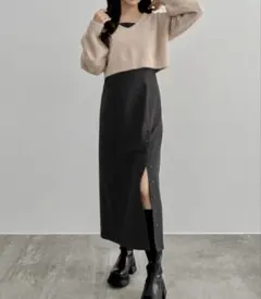 CENEA シャギーショートニット＋釦スリットキャミワンピース(裏地なし)set