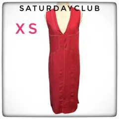 SATURDAYCLUB リネン混 深V ロングワンピース 赤 XS スリット入