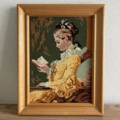 ヴィンテージ古い刺繍絵画    ヨーロッパの少女の絵画     アンティークの絵 特価】フランス製 アンティーク 額用 刺繍絵画 enfants 子どもたち