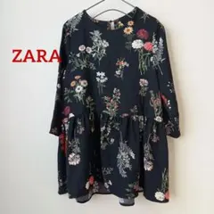 ZARA　ザラ　黒　花柄　ペプラムブラウス　プルオーバー　チュニック　USA M