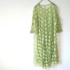 グリーン ロングワンピース 長袖 花柄